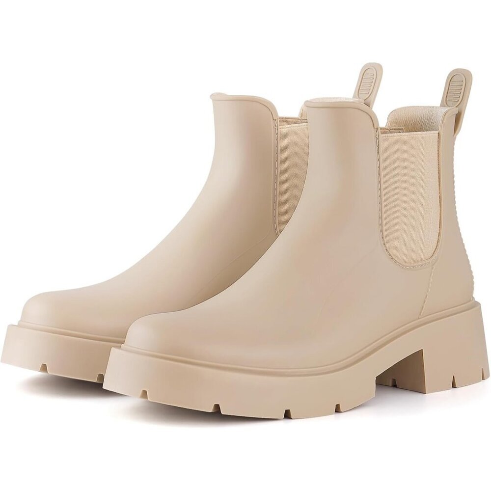 Women's Platform Nude Waterproof Chelsea Double Elastic Ankle Rain Boots